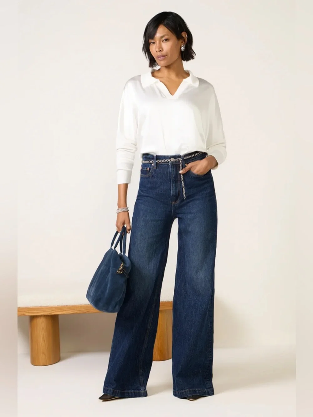 NWT MELISSA NEPTON Tina Mixed Media Top Long Sleeve Collared Blouse White Large - Picture 3 of 11